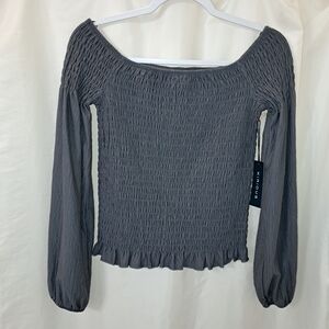 NWT Kirous Sz M Gray Smocked Long Sleeve Off The Shoulder Smocked Top